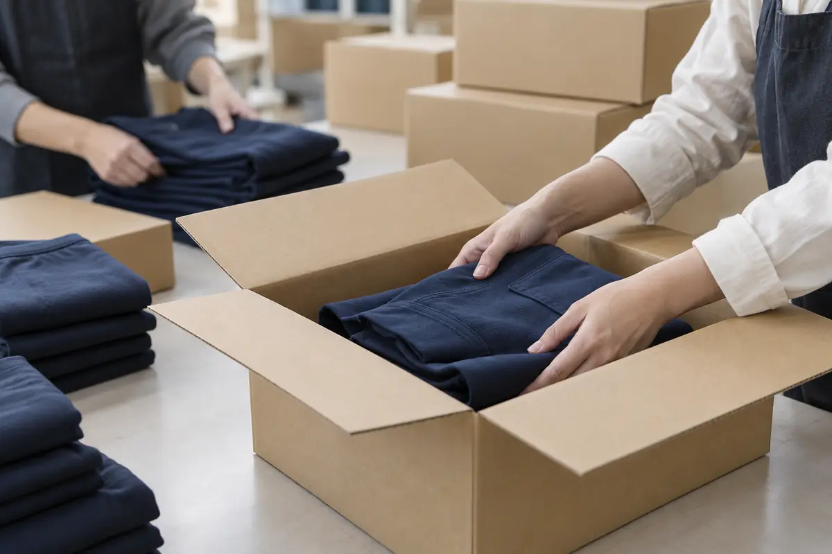 完成した衣服を配送用の箱へ詰める場面