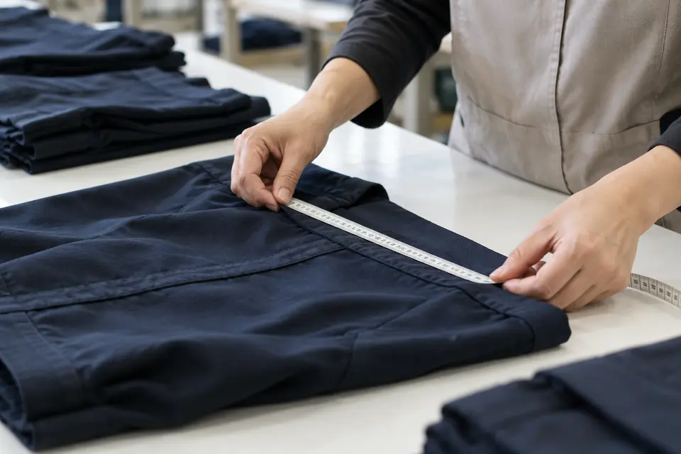 完成した衣服の寸法を確認する手元